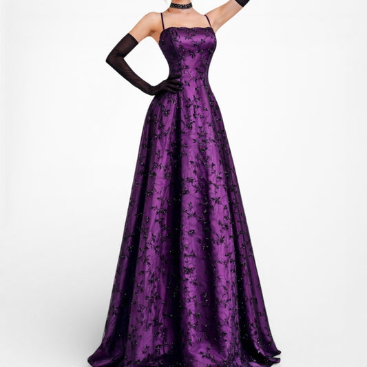 Vintage Purple Black Floral Beaded Fit Flared Mesh Maxi Formal Prom Dress Size 6/M