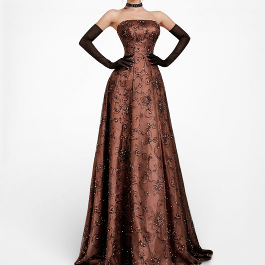 Vintage Brown Floral Beaded Strapless Fit Flared Mesh Maxi Cocktail Formal Prom Dress Size M