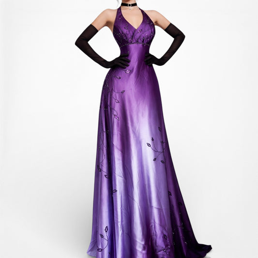 Vintage Purple Gradient Ombre Floral Beaded Satin Bodycon Maxi Dress Size M/L