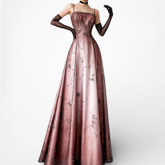 Vintage Pink Brown Floral Beaded Mesh Fit Flared Maxi Formal Prom Dress Size S/M