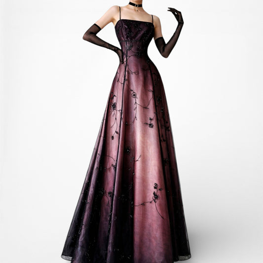 Vintage Brown Gradient Satin Floral Beaded Mesh Maxi Prom Dress Size S