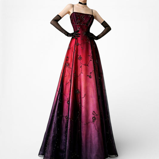 Vintage Burgundy Red Floral Beaded Mesh Gradient Maxi Prom Dress Size S