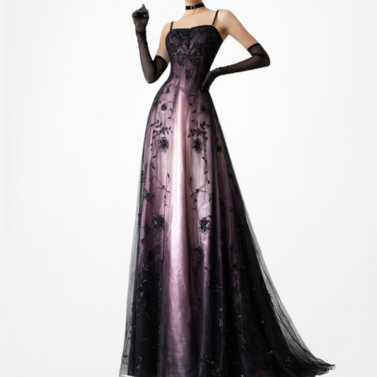 Vintage Plum Brown Floral Beaded Satin Gradient Mesh Maxi Prom Dress Size S