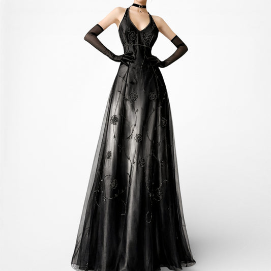 Vintage Black Gray Satin Gradient Halter Floral Beaded Mesh Maxi Prom Dress Size S