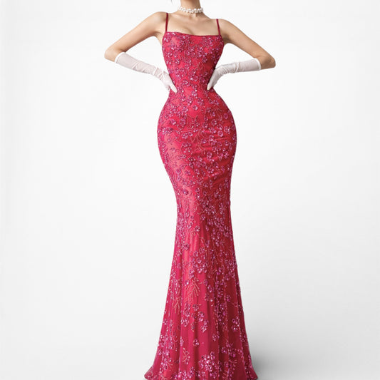 Vintage Y2K Pink Floral Beaded Silk Bodycon Maxi Prom Formal Dress Size S