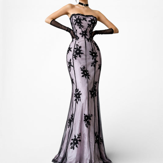Vintage Purple Black Strapless Floral Velvet Mesh Beaded Maxi Prom Dress Size M/L