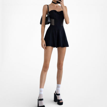 Vintage Y2K Navy Blue Bustier Strapless Sheer Mesh Ruffle Romper Dress Size S