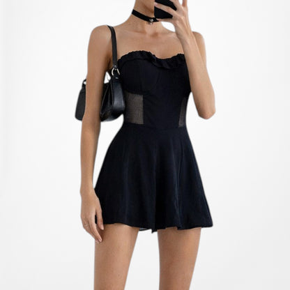 Vintage Y2K Navy Blue Bustier Strapless Sheer Mesh Ruffle Romper Dress Size S