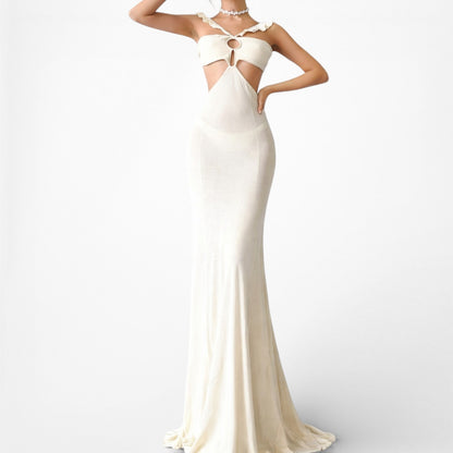 Vintage Y2K Off White Cream Cutout Ruffle Knit Maxi Bodycon Dress Size M