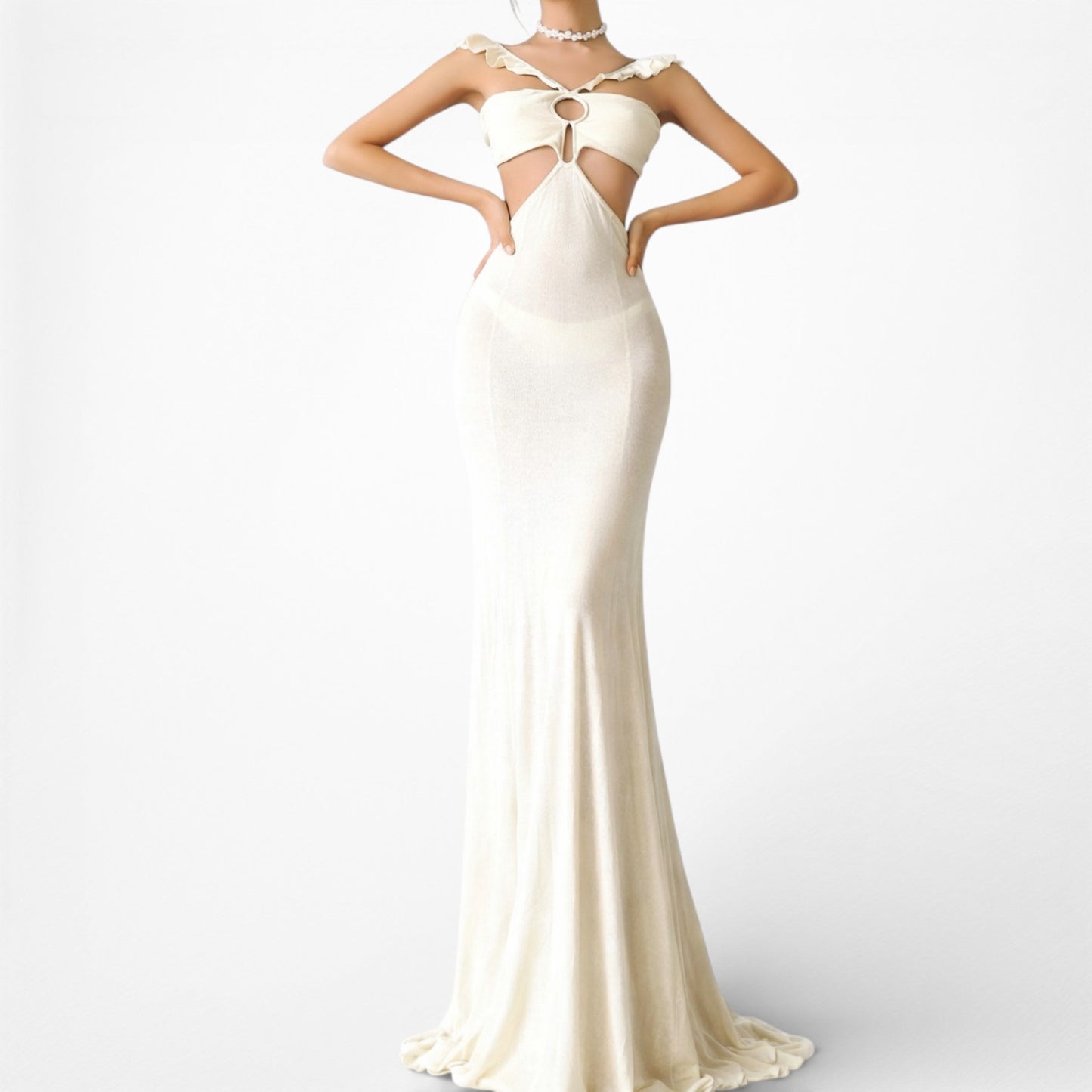 Vintage Y2K Off White Cream Cutout Ruffle Knit Maxi Bodycon Dress Size M