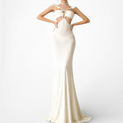 Vintage Y2K Off White Cream Cutout Ruffle Knit Maxi Bodycon Dress Size M