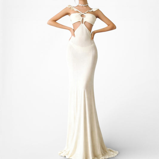 Vintage Y2K Off White Cream Cutout Ruffle Knit Maxi Bodycon Dress Size M