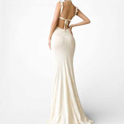 Vintage Y2K Off White Cream Cutout Ruffle Knit Maxi Bodycon Dress Size M