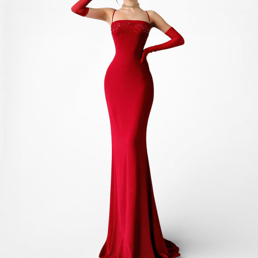 Vintage Y2K 90s Red Knit Bodycon Sequin Formal Prom Side Slit Maxi Dress M