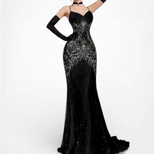 Vintage Y2K Black Gold Beaded Silk Ruffle Fit Flared Maxi Prom Dress Size M/L