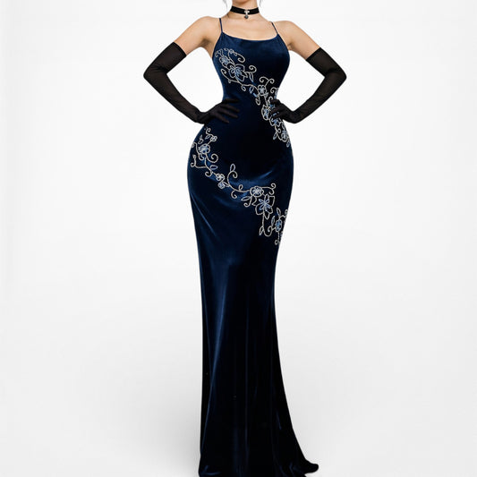 Vintage Navy Blue Knit Velvet Floral Beaded Maxi Bodycon Formal Cocktail Dress Size M/L