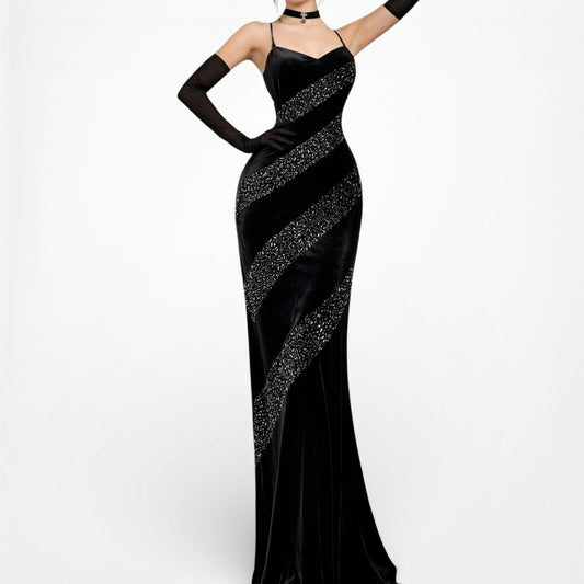 Vintage Black Velvet Beaded Maxi Bodycon Cocktail Formal Prom Dress Size M/L
