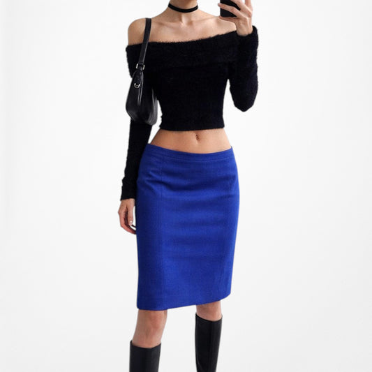 Vintage Y2K Blue High Waisted Low Rise Bodycon Knee Length Pencil Skirt Size S/M