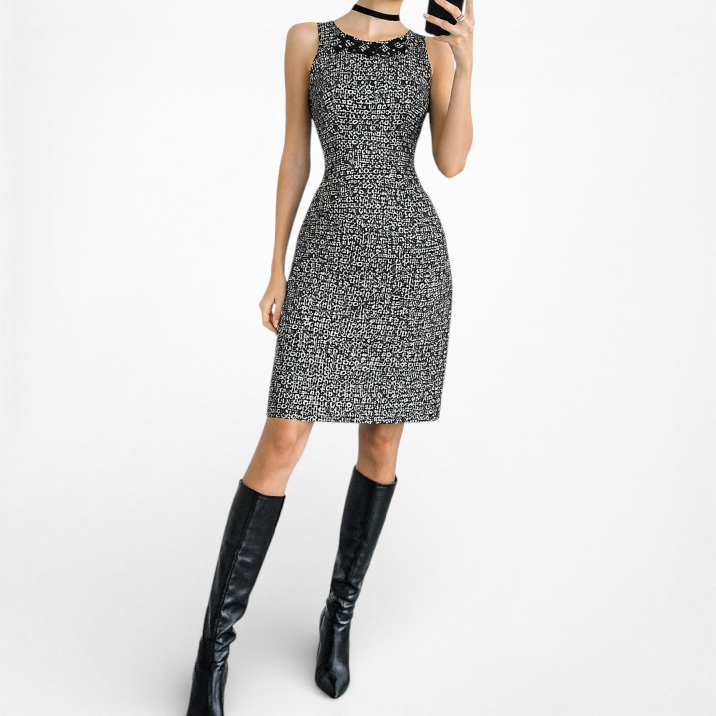 Vintage Y2K Black White Printed Knee Length Cocktail Bodycon Dress Size M