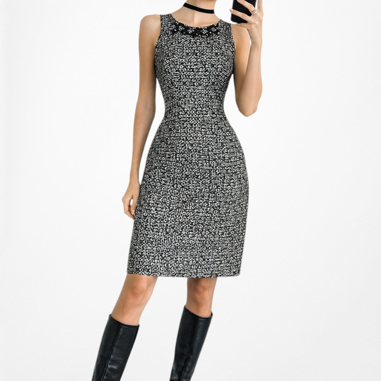 Vintage Y2K Black White Printed Knee Length Cocktail Bodycon Dress Size M