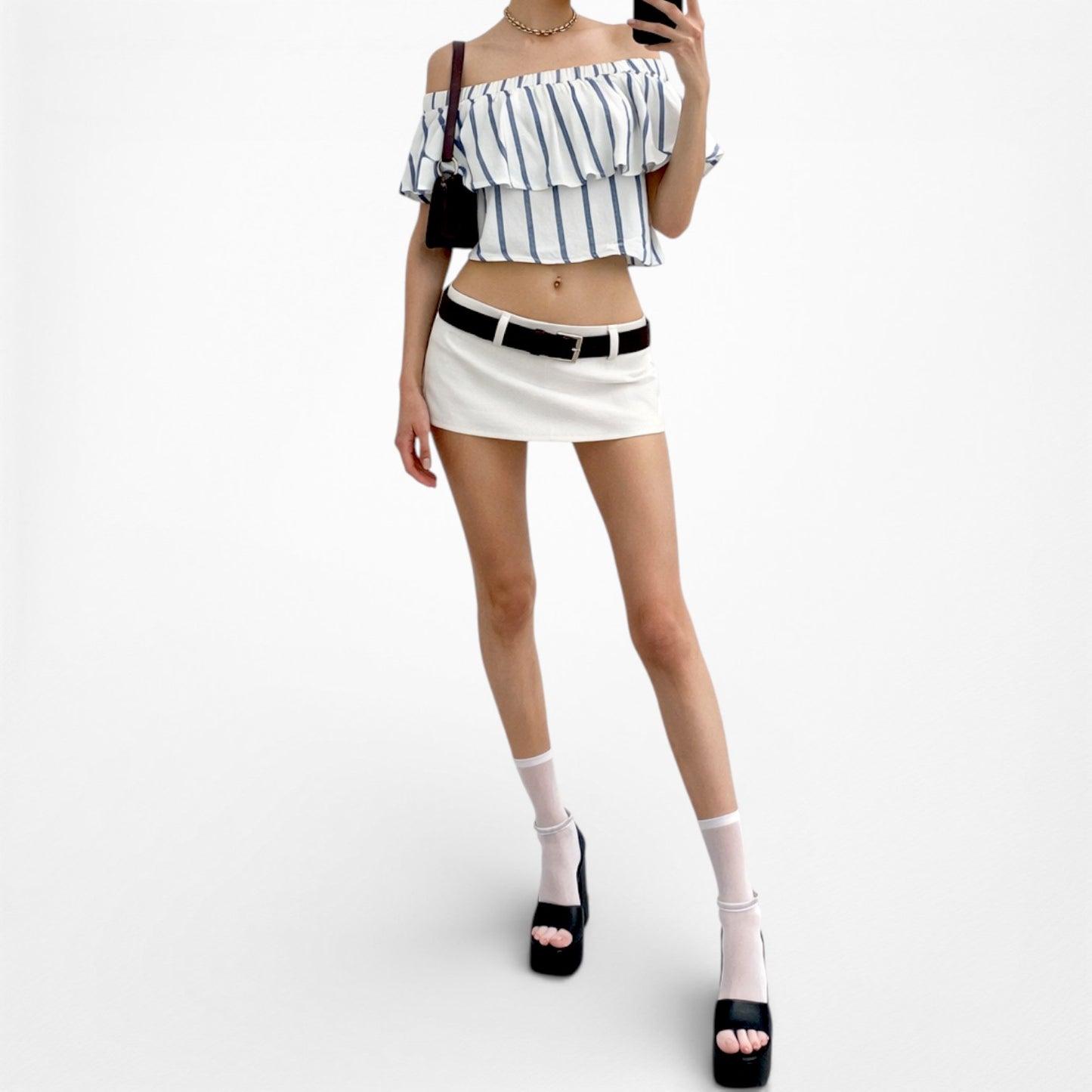 Vintage Y2K Blue White Off Shoulder Ruffle Striped Blouse Top Size XS