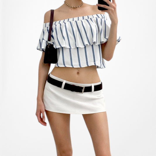 Vintage Y2K Blue White Off Shoulder Ruffle Striped Blouse Top Size XS
