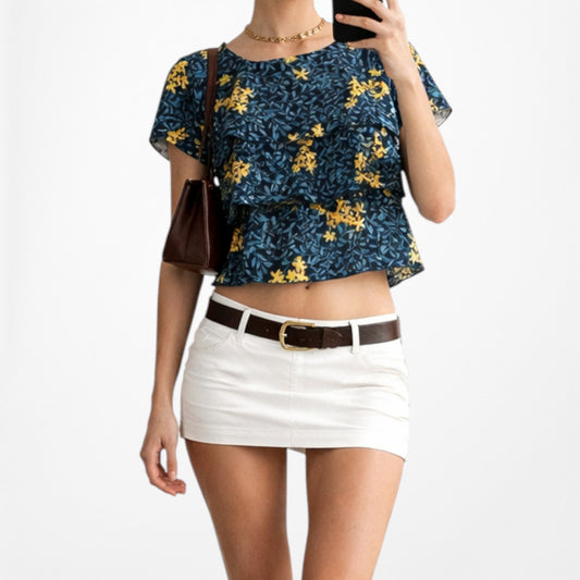 Vintage Y2K Yellow Short Sleeve Crewneck Floral Ruffle Crop Top Size XS/S