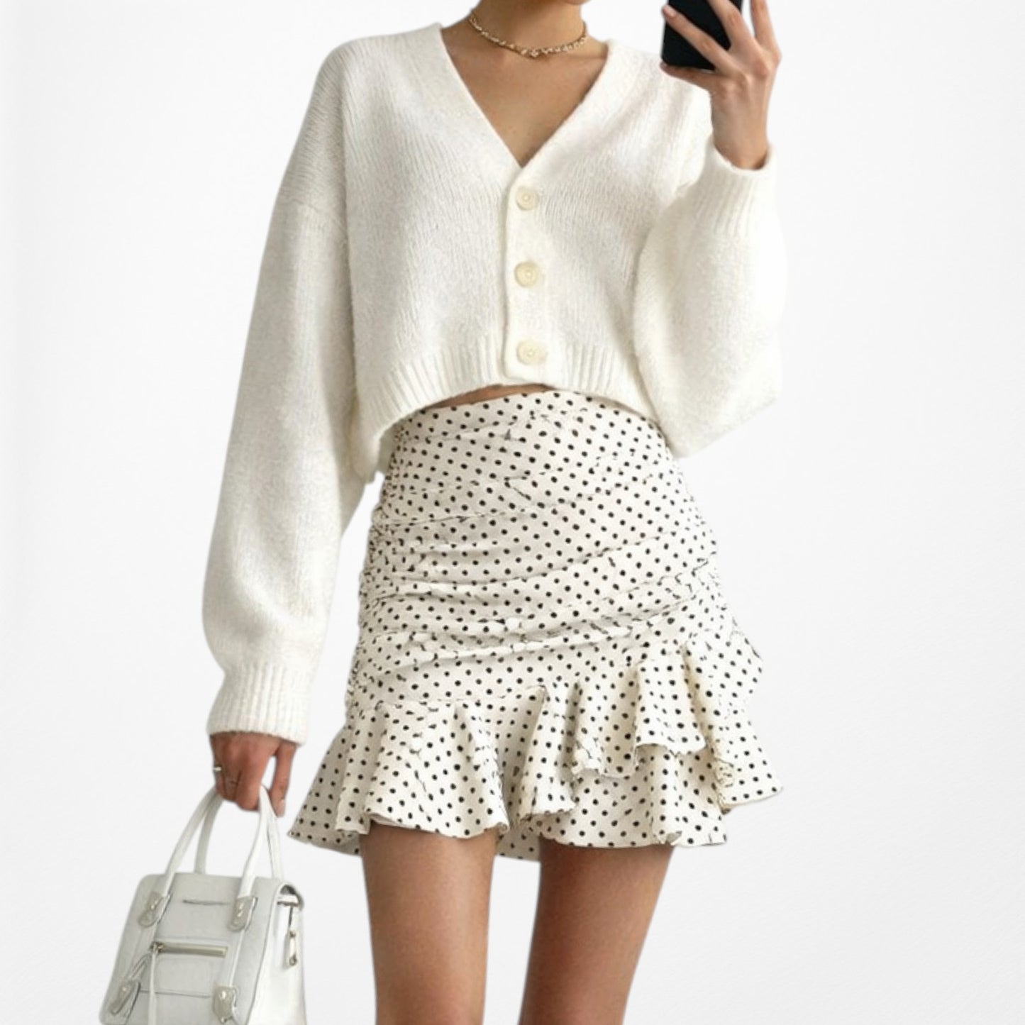 Vintage Y2K Off White Polka Dot Pleated Ruffle Asymmetric Flared Mini Skirt XS