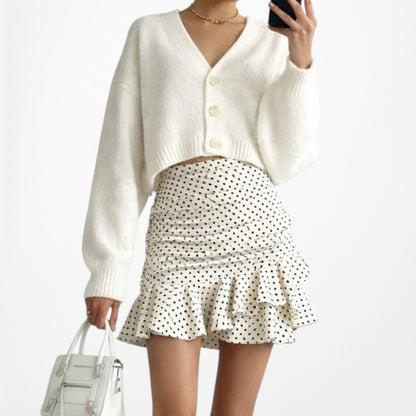 Vintage Y2K Off White Polka Dot Pleated Ruffle Asymmetric Flared Mini Skirt XS