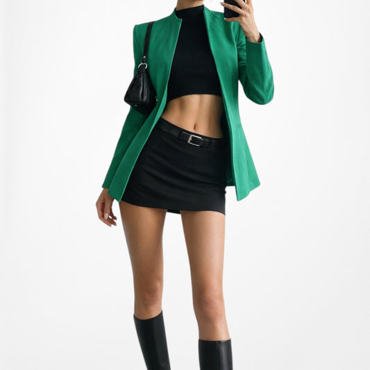 Vintage Y2K Green Padded Shoulder Open Front Tailored Blazer Jacket Size S/M