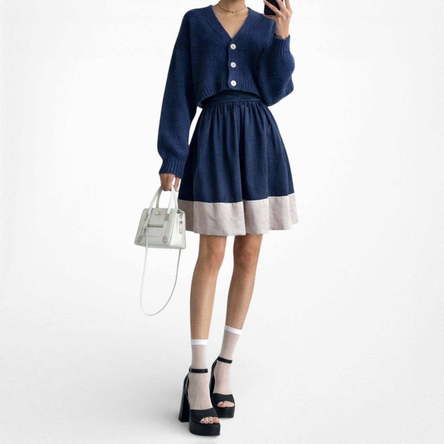 Vintage Y2K Satin High Waisted Navy Blue Silver Knee Length Flared Skirt Size S