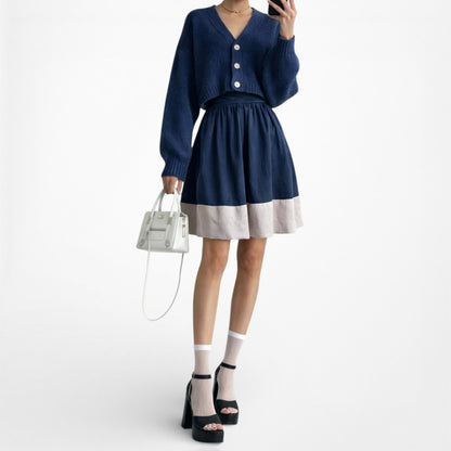 Vintage Y2K Satin High Waisted Navy Blue Silver Knee Length Flared Skirt Size S