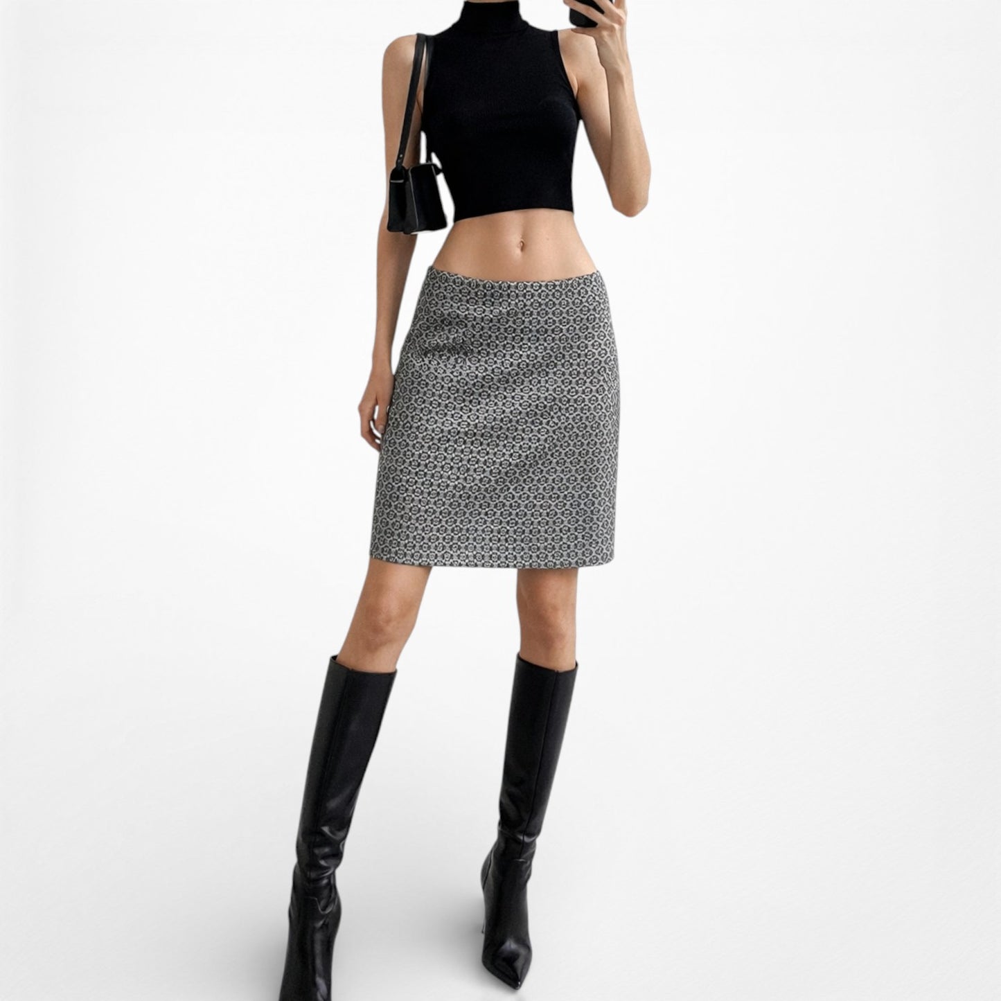 Vintage Y2K Gray Gold Black Bodycon Pencil Knee Length Skirt Size 6P/M
