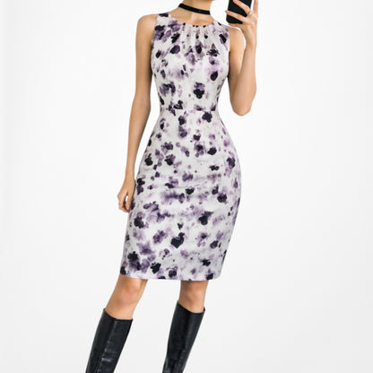 Vintage Y2K Purple White Knee Length Printed Satin Bodycon Dress Size 4P/M