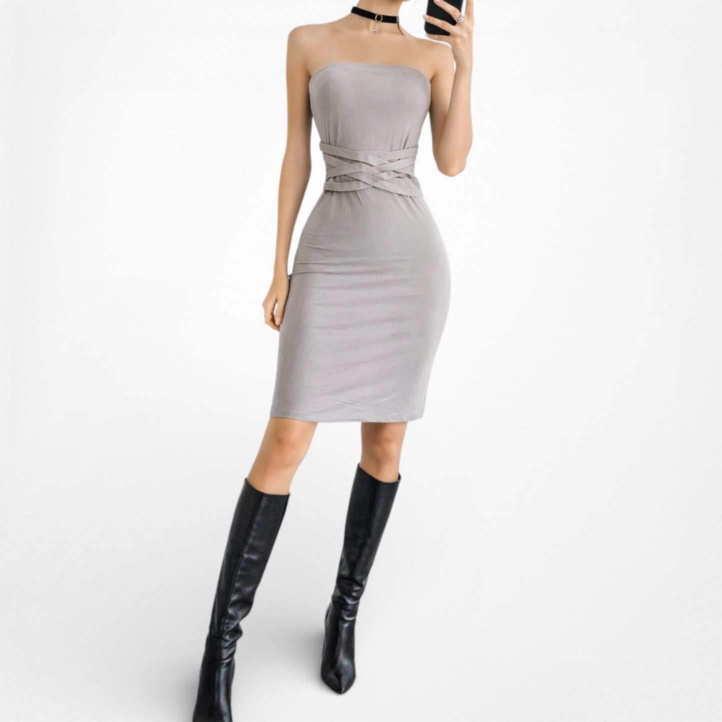 Vintage Y2K Beige Nude Strapless Knit Bodycon Knee Length Dress Size S/M