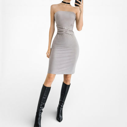 Vintage Y2K Beige Nude Strapless Knit Bodycon Knee Length Dress Size S/M