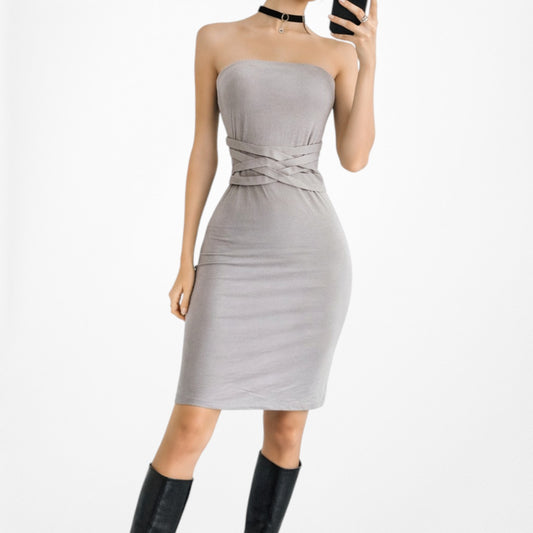 Vintage Y2K Beige Nude Strapless Knit Bodycon Knee Length Dress Size S/M