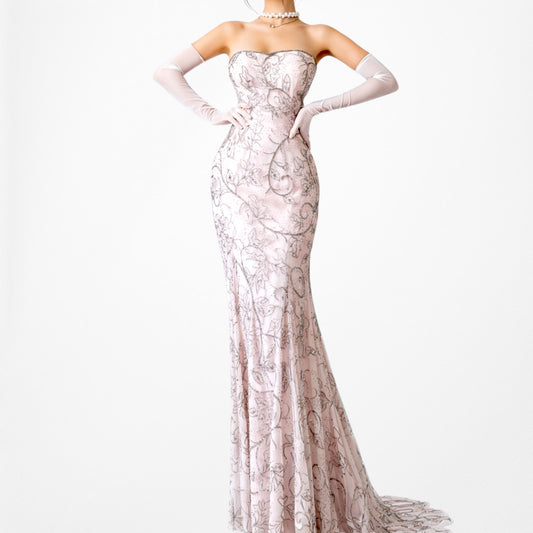 Vintage Y2K Pastel Pink Strapless Floral Beaded Silk Bodycon Maxi Prom Dress Size M