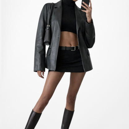 Vintage Y2K Gray Genuine Leather Shoulder Padded Blazer Jacket Size M