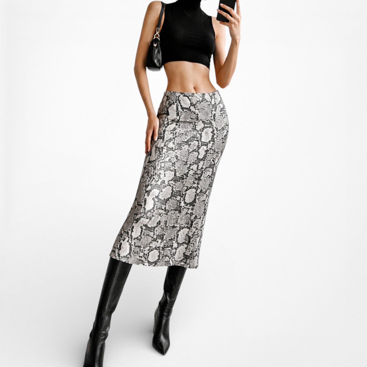 Vintage Gray Satin Animal Snake Print Flowy High Waisted Midi Skirt Size 2/XS/S