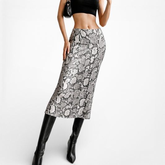 Vintage Gray Satin Animal Snake Print Flowy High Waisted Midi Skirt Size 2/XS/S