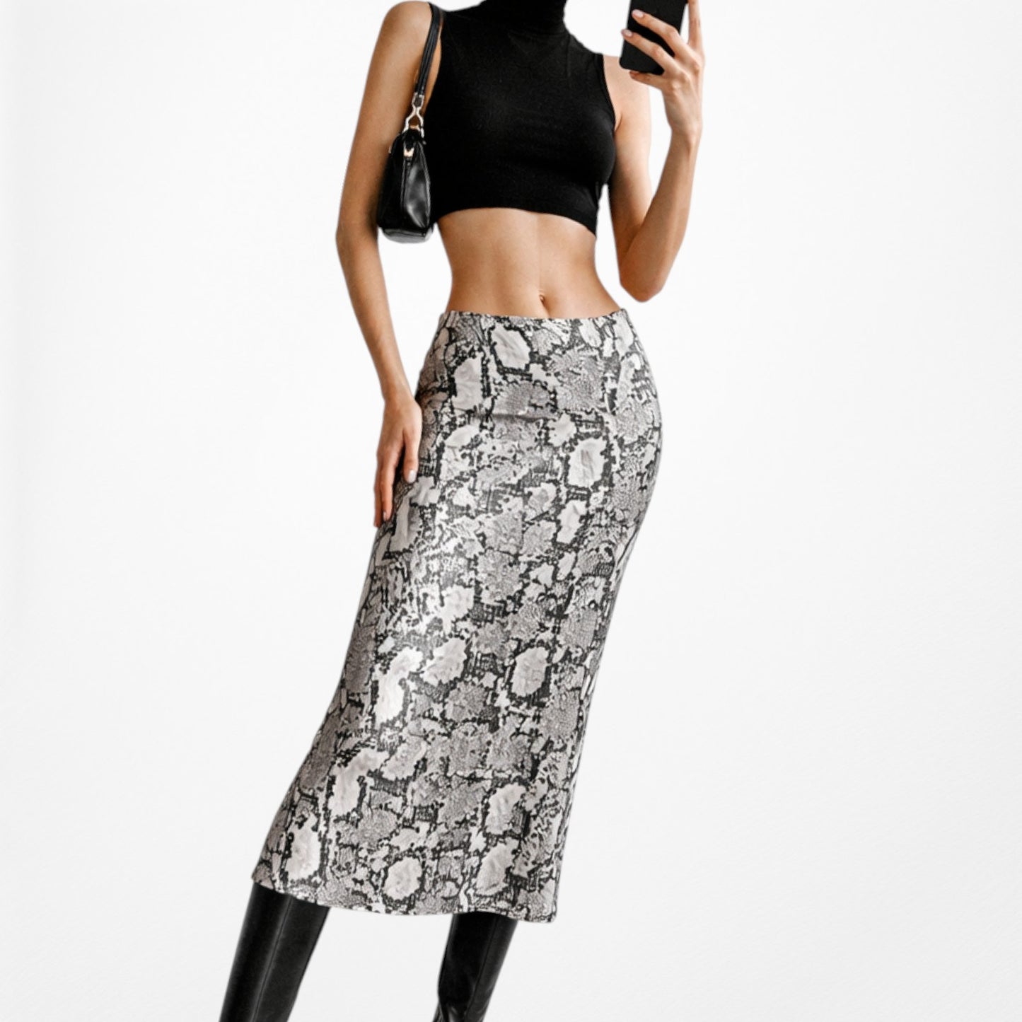 Vintage Gray Satin Animal Snake Print Flowy High Waisted Midi Skirt Size 2/XS/S