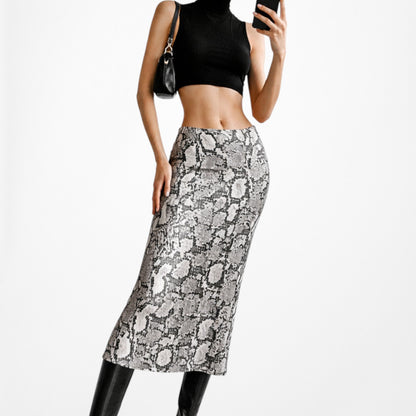 Vintage Gray Satin Animal Snake Print Flowy High Waisted Midi Skirt Size 2/XS/S