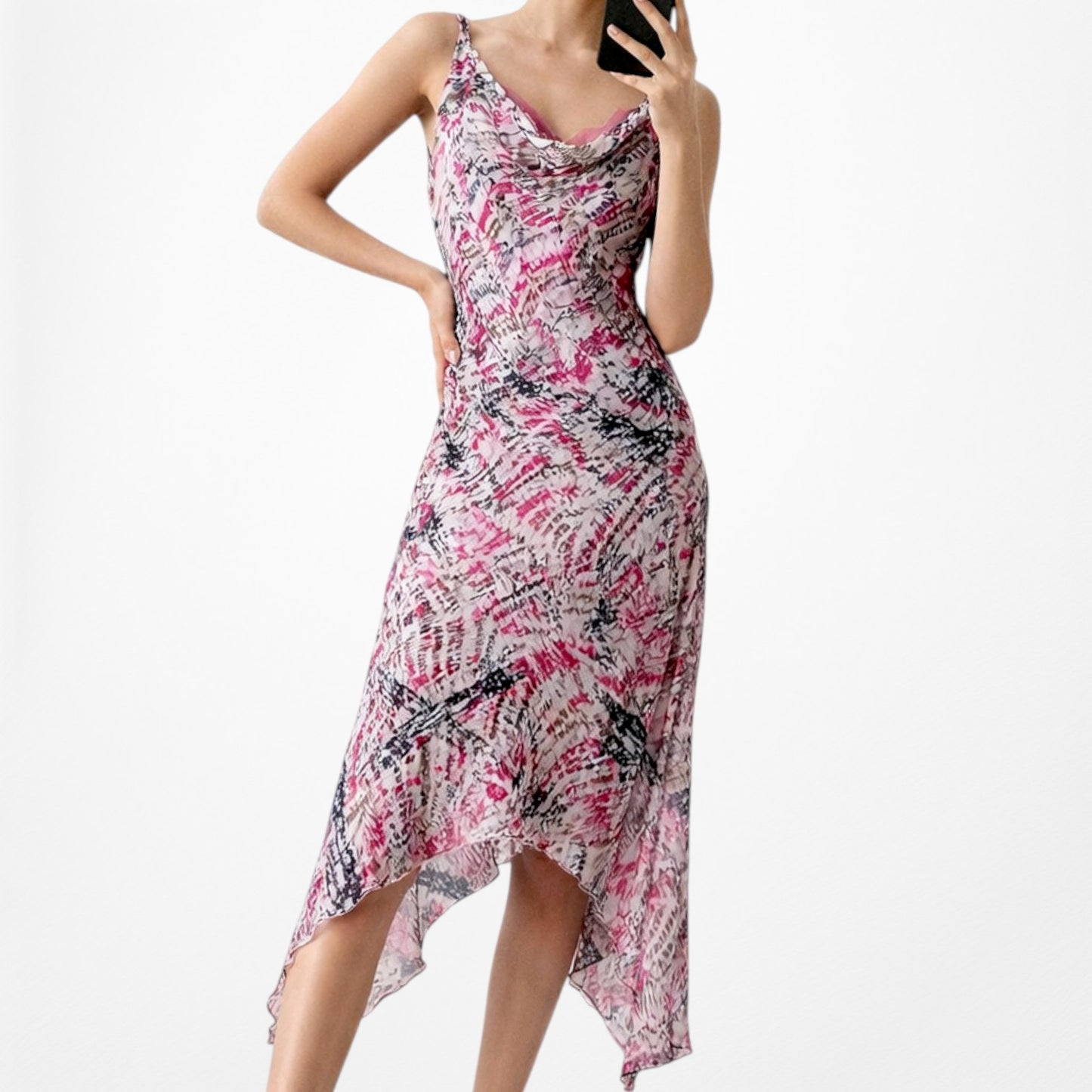 Vintage Pink Silk Lace Detail Asymmetric Hem Cocktail Midi Dress Size S/M