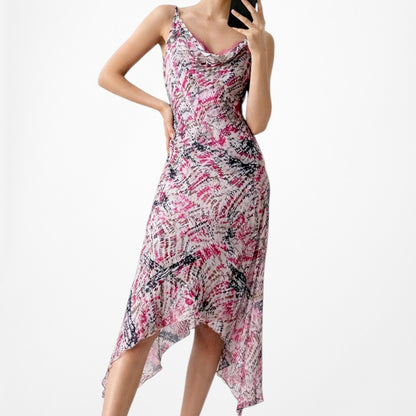 Vintage Pink Silk Lace Detail Asymmetric Hem Cocktail Midi Dress Size S/M