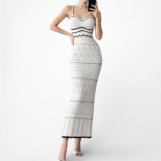 Black White Crochet Knit Bodycon Striped Midi Dress Size S