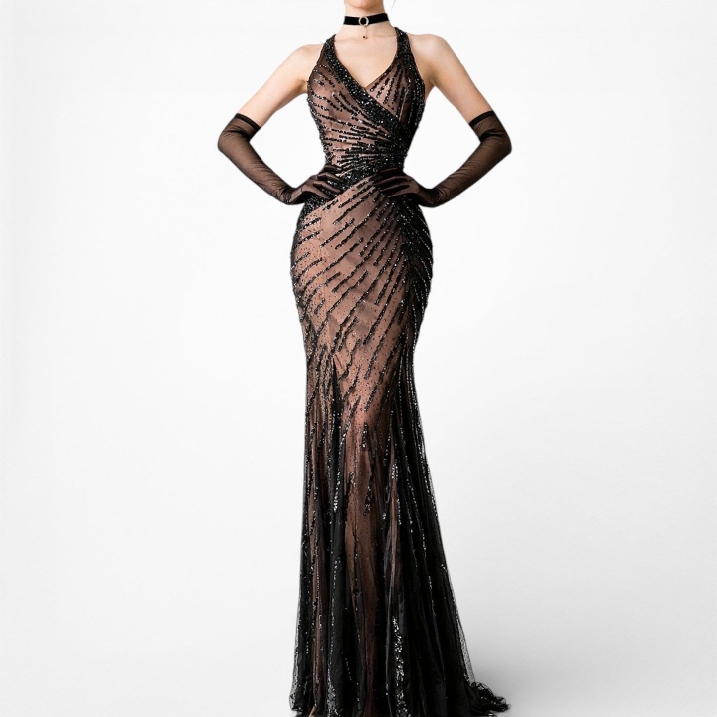 Vintage Y2K Brown Black Beaded Bodycon Fishtail Mesh Maxi Prom Dress Size XS/S