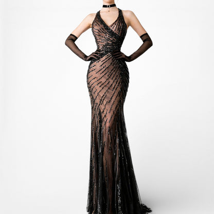 Vintage Y2K Brown Black Beaded Bodycon Fishtail Mesh Maxi Prom Dress Size XS/S