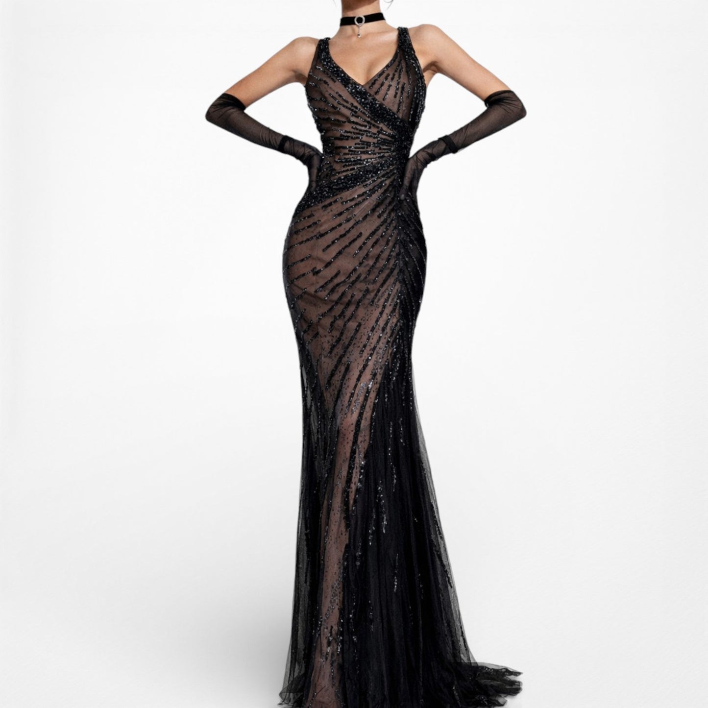 Vintage Y2K Brown Black Beaded Bodycon Fishtail Mesh Maxi Prom Dress Size XS/S