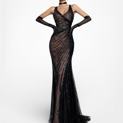 Vintage Y2K Brown Black Beaded Bodycon Fishtail Mesh Maxi Prom Dress Size XS/S